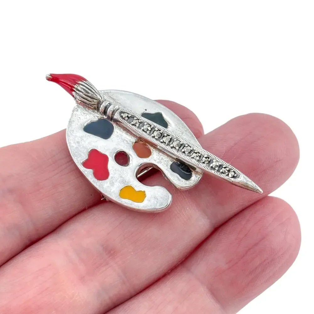 Vintage Sterling Silver 925 Artist Palette Marcasite Brooch